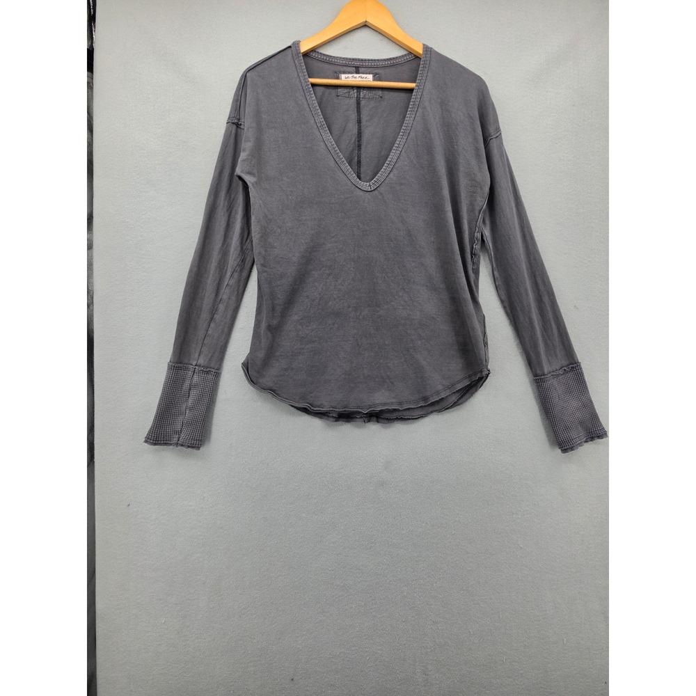 We The Free People Charcoal Gray V-Neck Long Sleeve Thermal Cuff Cotton Top M